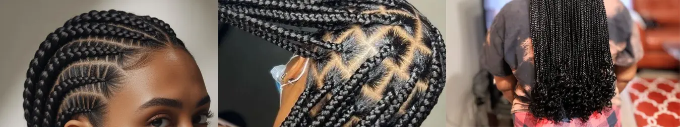 different braid styles including cornrows box braids and knotless braids