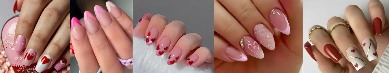 Valentine nail ideas including heart accents and French tips at nail salon near Jamaica Avenue